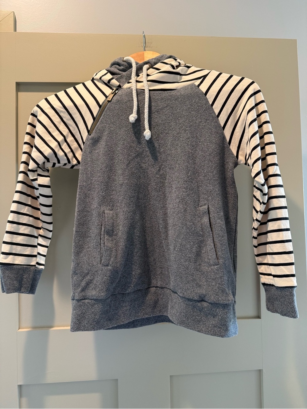AMPERSAND AVE Youth Charcoal DoubleHood with Black & White Striped Sleeves